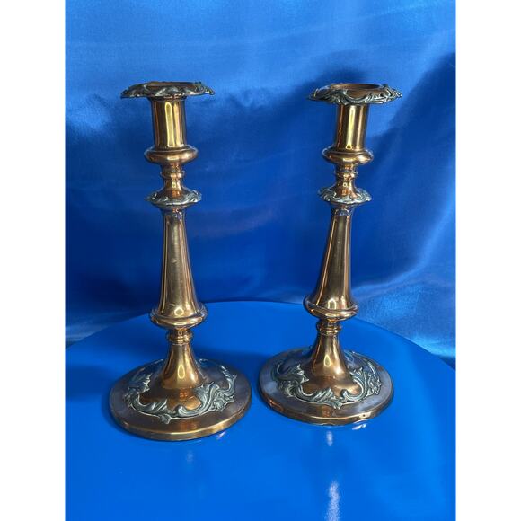 Antique Pair of Copper and Pewter Tall Candlestick Holders - Picture 2 of 8